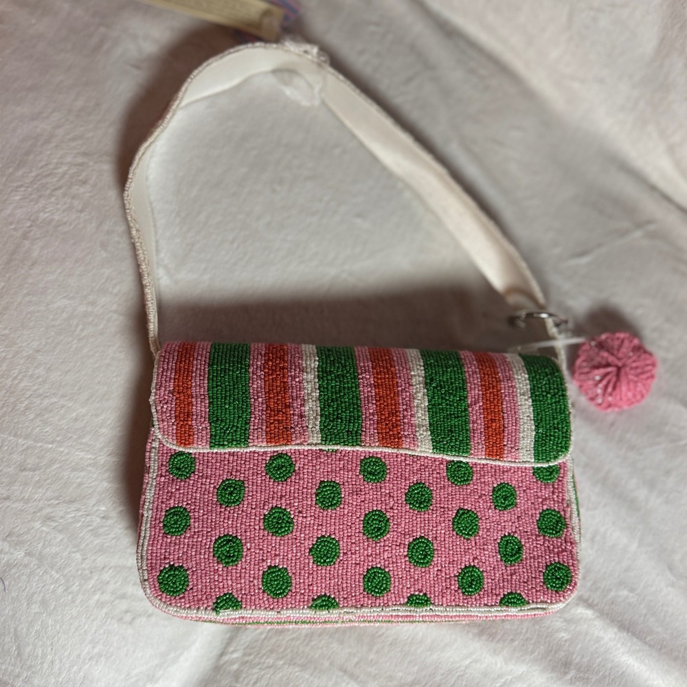 Handcrafted In India Beaded Shoulder Bag Green White Pink Striped Polkadot NWT